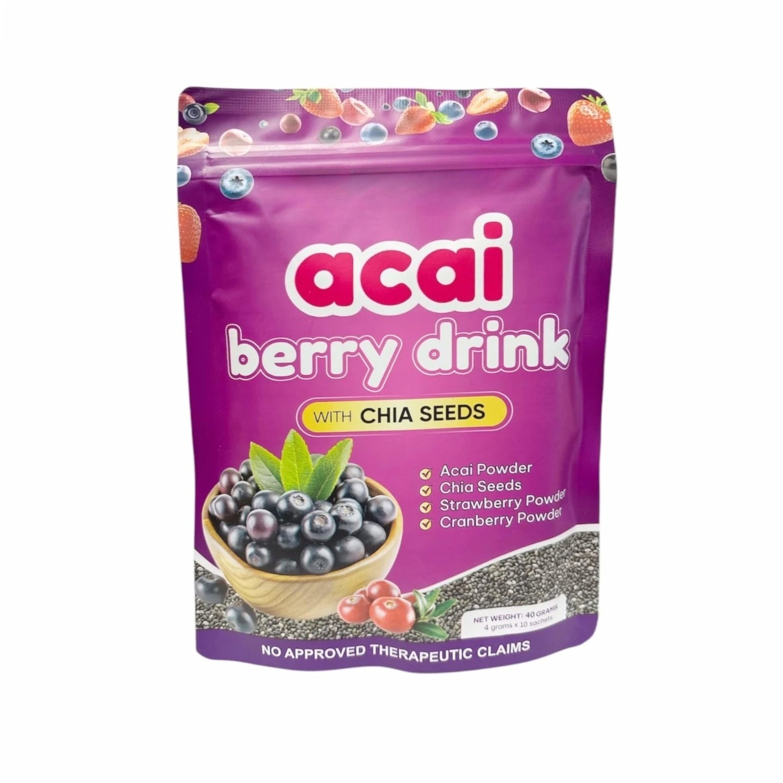 Acai Berry Drink Powder 10Packs per Bag with Chia Seeds and 7 Types of Berry Powders Improve Skin Condition & Enhance Immunity